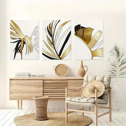 3pcs Black and Golden Modern Botanical Design Metal Print Ready to Hang Art