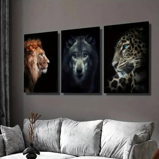 3pcs Lions Wolves and Leopards Painting Wall Art Set Canvas Framed 40x60cm - High Quality Print 100% Australian Made Wall Canvas Ready to Hang