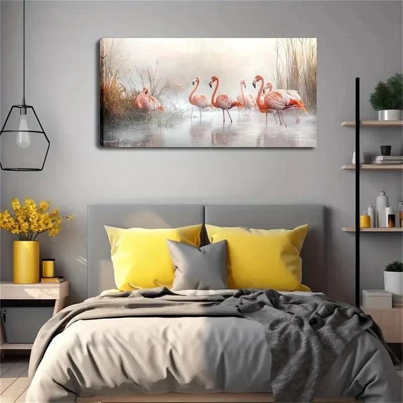 A Group Of Flamingos Wecctland Wall Art Canvas Office Home Room Framed 120x60cm
