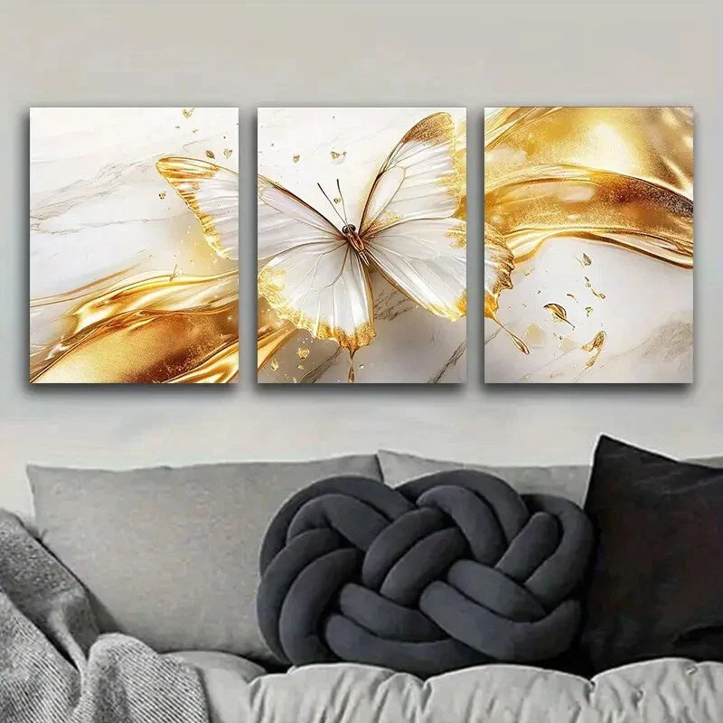 3pcs Ethereal Golden Butterfly  Art  Metal Print Ready to Hang Art