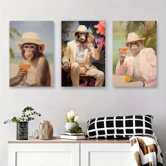 3pcs Monkeys in Suits Drinking Cocktails, Metal Print Ready to Hang Art