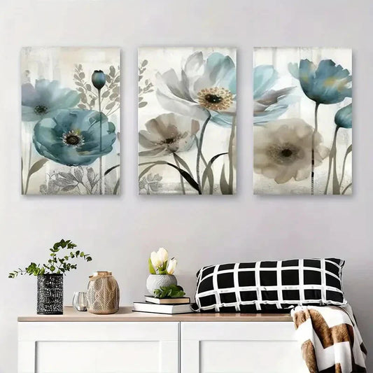 3pcs Elegant Blue and Beige Floral Metal Print Ready to Hang Art