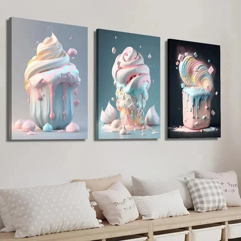 3pcs Summer Macaron Color Popsicle Ice Cream Wall Art Set Canvas Framed 40x60cm - High Quality Print 100% Australian Made Wall Canvas Ready to Hang
