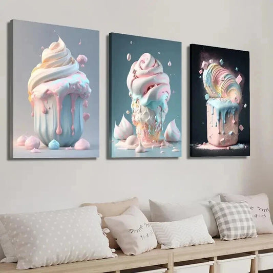 3pcs Summer Macaron Color Popsicle Ice Cream Wall Art Set Canvas Framed 40x60cm - High Quality Print 100% Australian Made Wall Canvas Ready to Hang