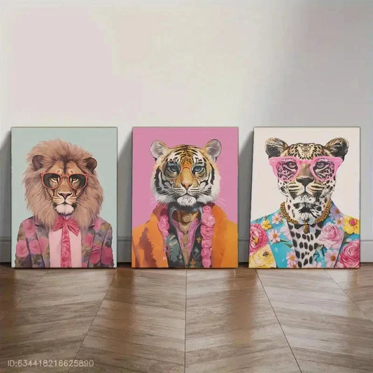 3pcs Cheetahs in Fashion Glasses Fashion Animal Metal Print Ready to Hang Art