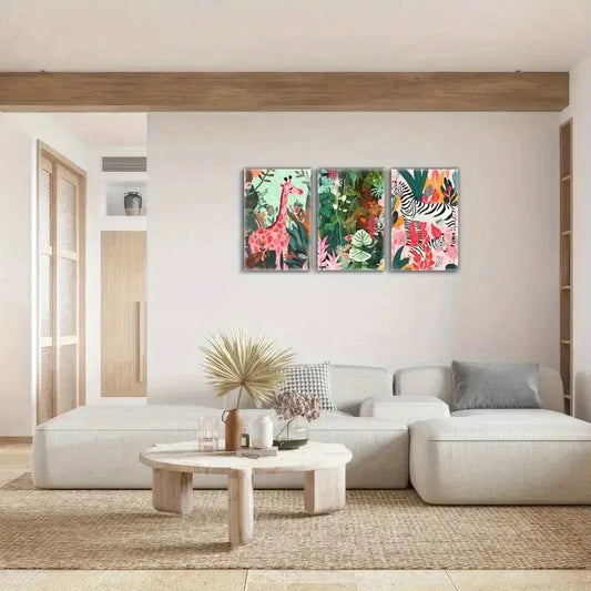 3pcs Giraffe zebra Animals in the Forest Metal Print Ready to Hang Art