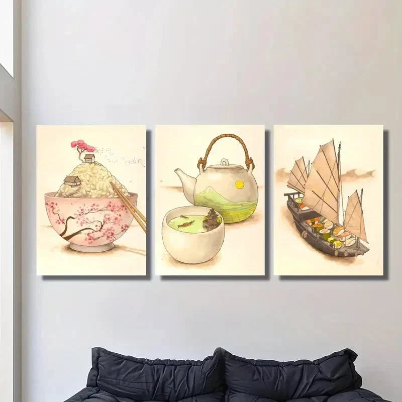 3pcs Ink Painting of Rice, Sailboats Metal Print Ready to Hang Art