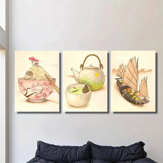 3pcs Ink Painting of Rice, Sailboats Metal Print Ready to Hang Art