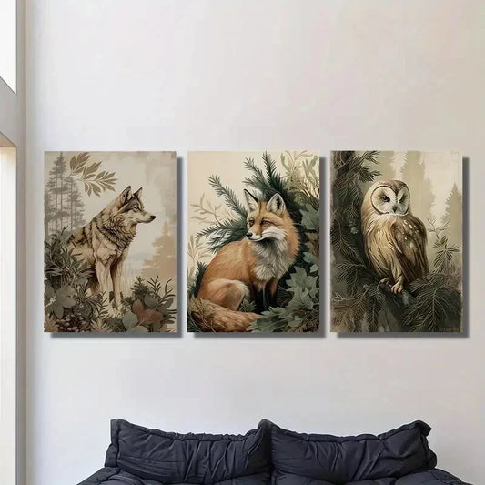 3pcs Vintage Style Countryside Wolf Fox and Owl Metal Print Ready to Hang Art