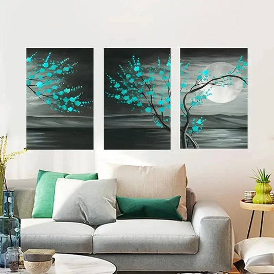 3pcs Night Moon Trees Watercolor Metal Print Ready to Hang Art