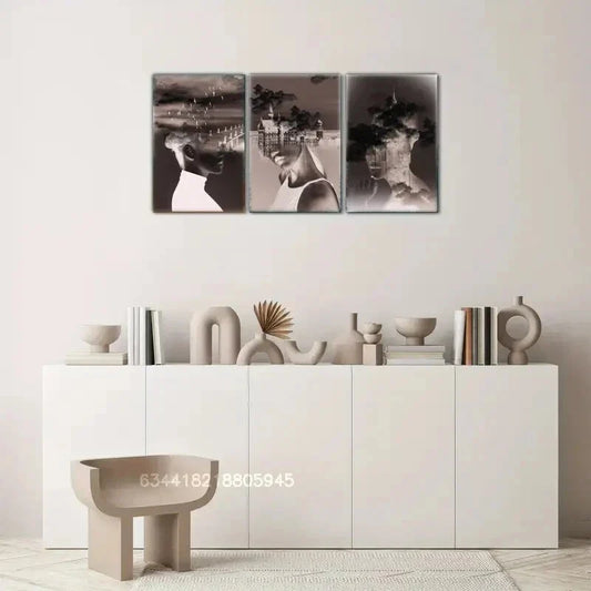 3pcs Sea, bridge, city buildings, clouds, beauties Metal Print Ready to Hang Art