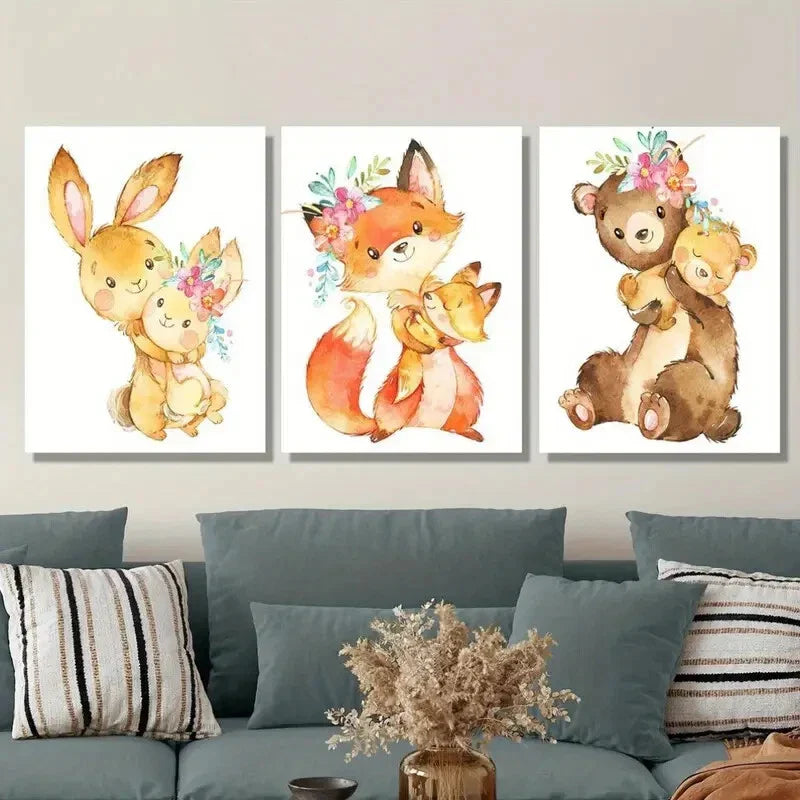 3pcs Cartoon Bunny, Baby Fox & Bear, Metal Print Ready to Hang Art