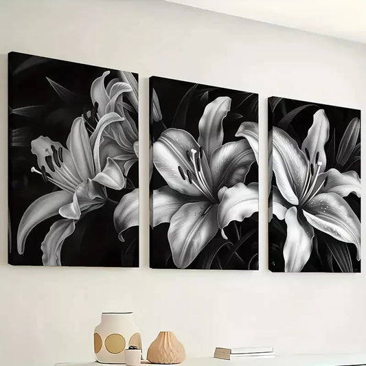 3pcs Modern Minimalist Black And White Floral  Wall Art Set Canvas Framed 40x60cm - High Quality Print 100% Australian Made Wall Canvas Ready to Hang