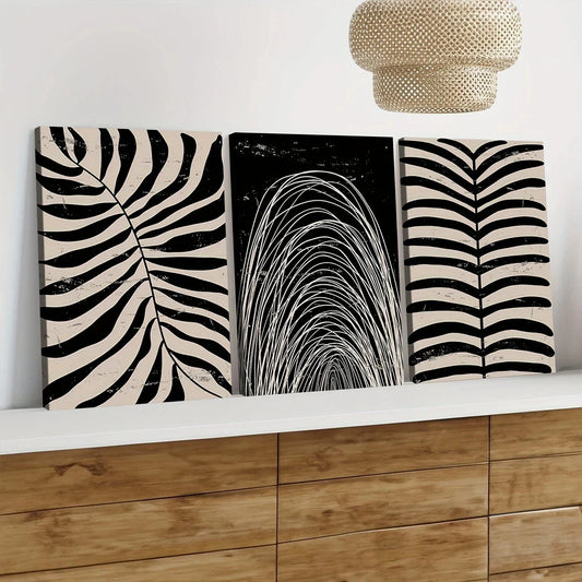 3pcs Abstract Plant Black Leaves White Bohemian Wall Art Set Canvas Framed 40x60cm - High Quality Print 100% Australian Made Wall Canvas Ready to Hang