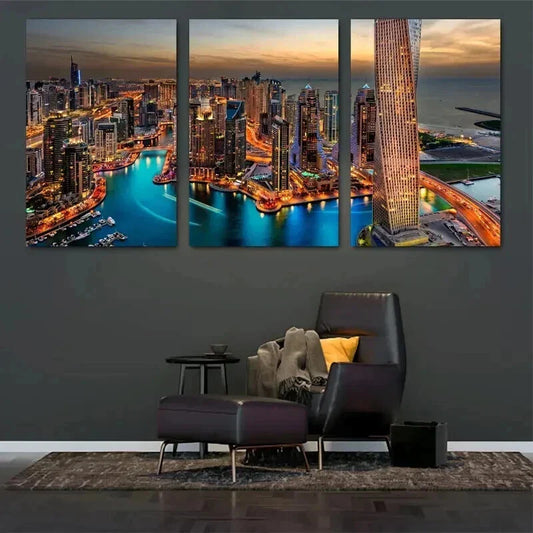 3pcs Dubai Marina Night Skyscrapers & Waterfront Wall Art Set Canvas Framed 40x60cm - High Quality Print 100% Australian Made Wall Canvas Ready to Hang
