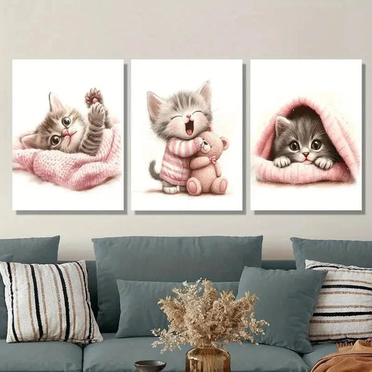 3pcs Pink Cat Art, Cute Cartoon Cat , Metal Print Ready to Hang Art