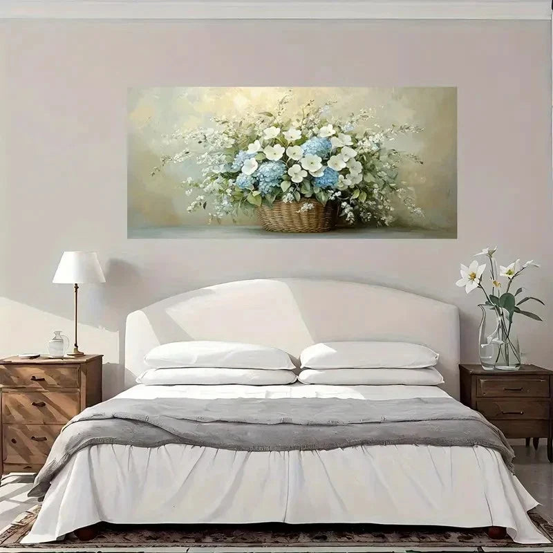 Blue And White Floral Wall Art Canvas Office Home Room Framed 80x45cm