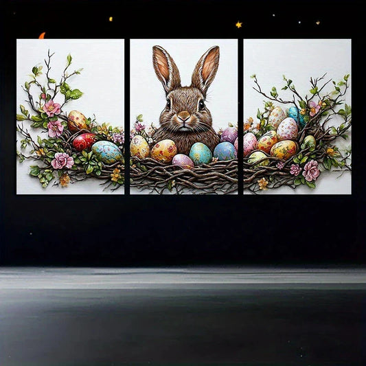 3pcs Cute Brown Bunny Green Leaves Colourful Metal Print Ready to Hang Art