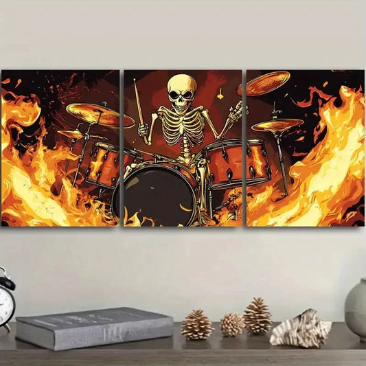 3pcs Skeletons Play Drums Art Painting, Metal Print Ready to Hang Art