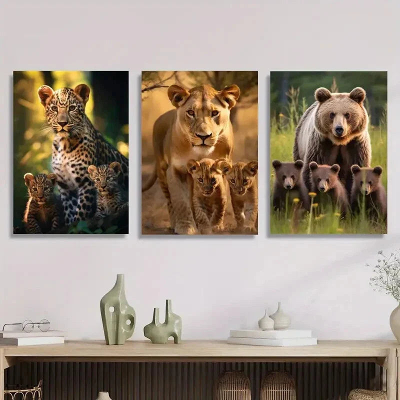 3pcs Leopard, Lioness & Cubs, Grizzly Bear Family Metal Print Ready to Hang Art