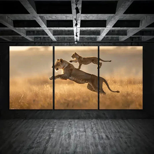 3pcs Lioness Carrying Her Cub In The Air Metal Print Ready to Hang Art