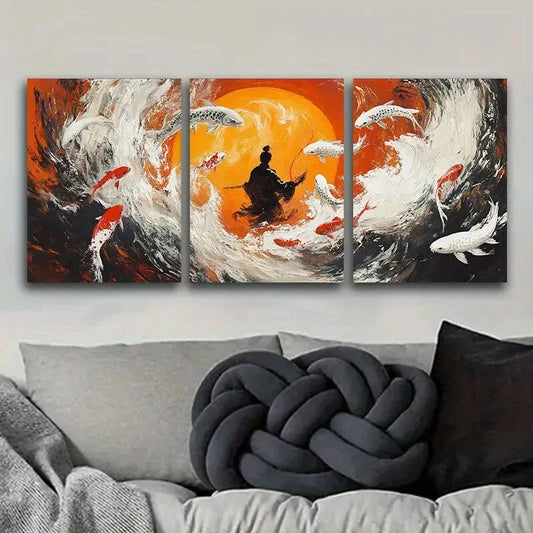 3pcs Fisherman, Koi Art Painting Metal Print Ready to Hang Art