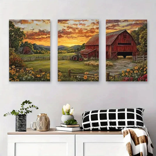 3pcs Red Barn Sunset Landscape Vibrant Farmhouse Metal Print Ready to Hang Art