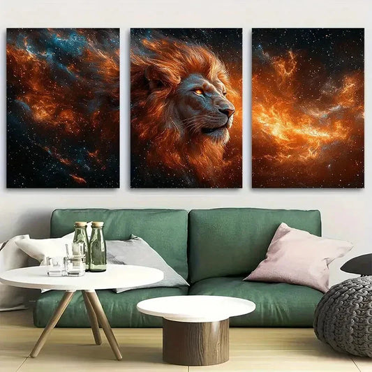 3pcs Majestic Fiery Lion with Cosmic Metal Print Ready to Hang Art