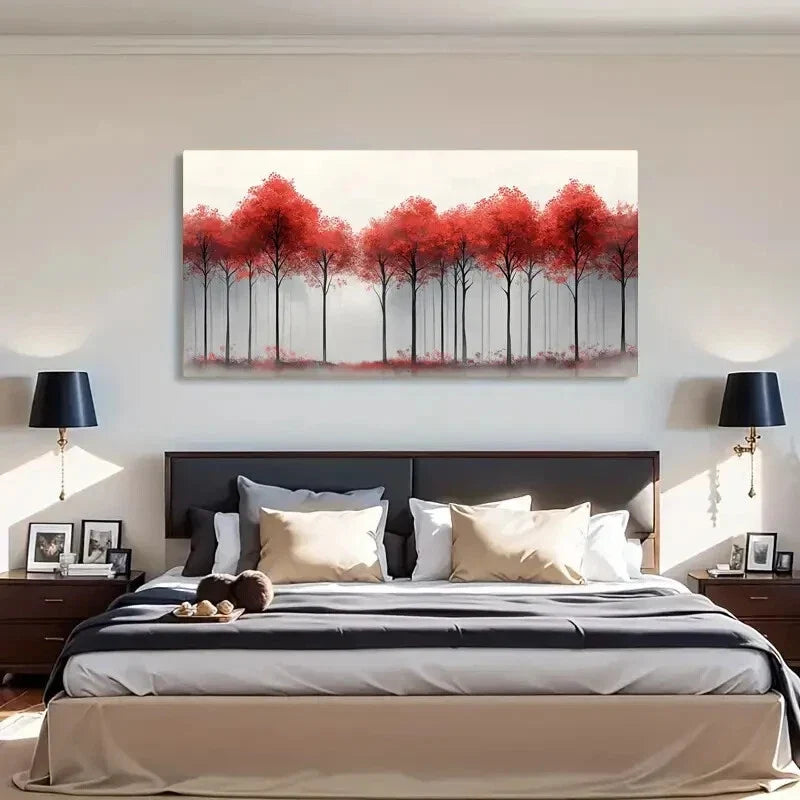 Aesthetic Red Tree Forest Décor Wall Art Canvas Office Home Room Framed 120x60cm