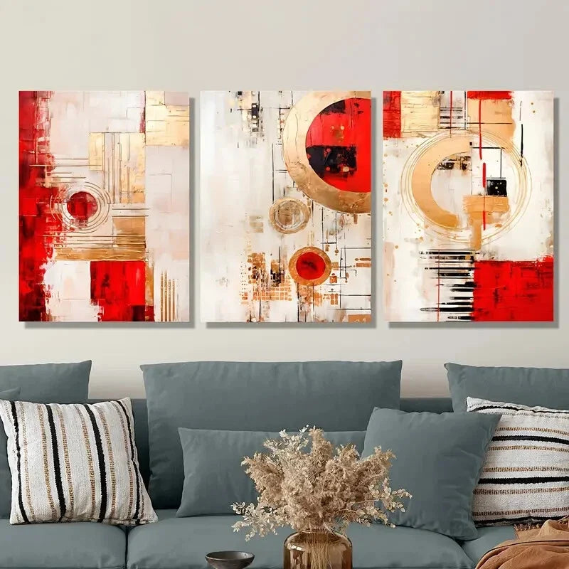 3pcs  Red Abstract Geometry, Modern Wall Art Set Canvas Framed 40x60cm - High Quality Print 100% Australian Made Wall Canvas Ready to Hang