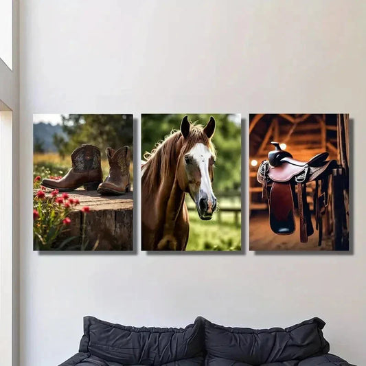 3pcs cowboy boots, horse and saddle, country , Metal Print Ready to Hang Art