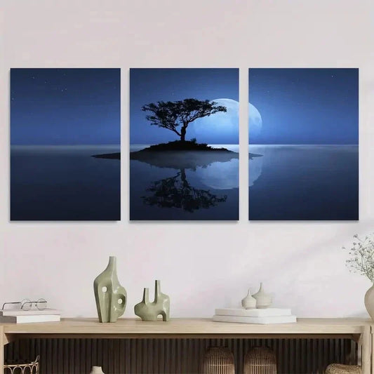 3pcs Serene Moonlit Island Night Sky Metal Print Ready to Hang Art