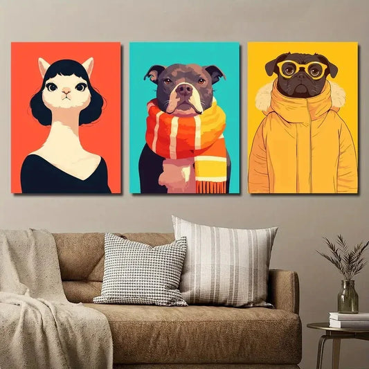 3pcs Abstract Cartoon Animal Murals Cats Dogs Metal Print Ready to Hang Art