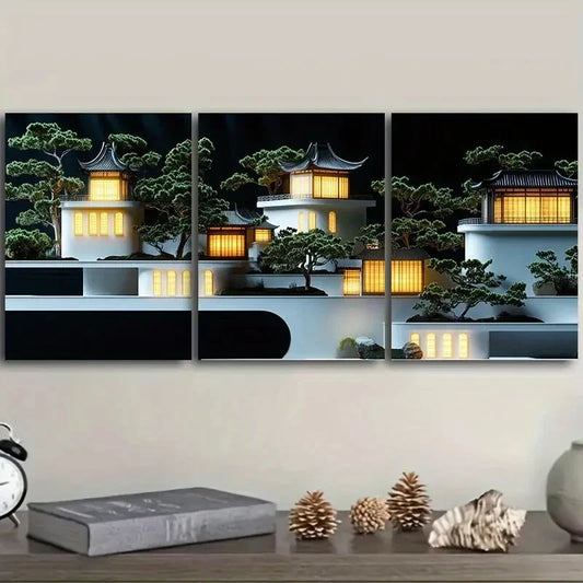 3pcs  Ancient architecture Art Painting Metal Print Ready to Hang Art