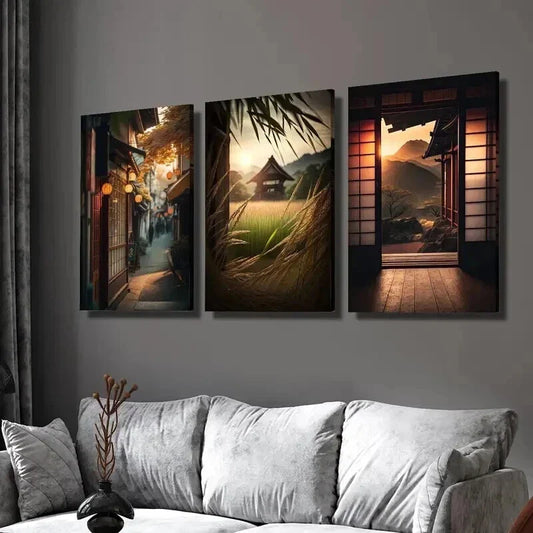 3pcs Japanese Classical Architecture at Sunset Wall Art Set Canvas Framed 40x60cm - High Quality Print 100% Australian Made Wall Canvas Ready to Hang