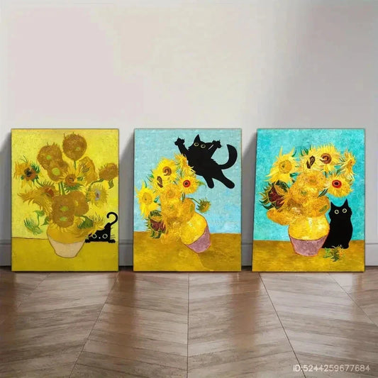 3pcs Sunflower & Cat Decorative Oil Painting Metal Print Ready to Hang Art