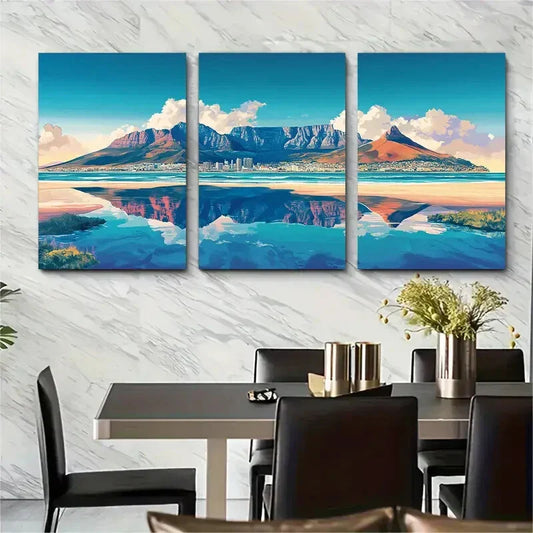 3pcs Retro Table Mountain View Coastal Metal Print Ready to Hang Art