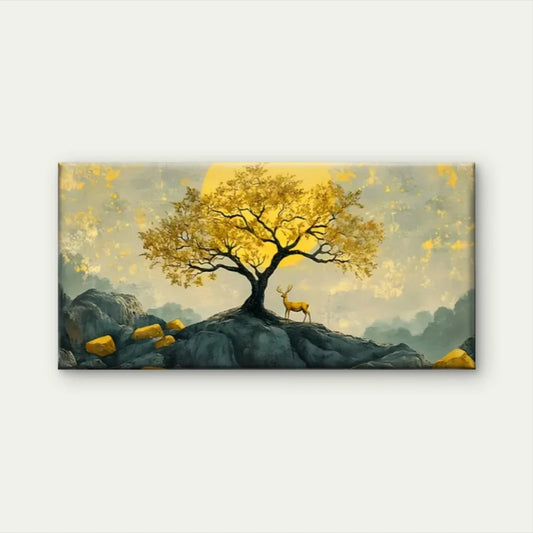 Yellow Trees Deer Mountain Wall Art Canvas Office Home Room Framed 80x45cm