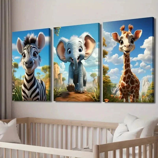 3pcs Zebra Elephant Giraffe in Nature Scene Wall Art Set Canvas Framed 40x60cm - High Quality Print 100% Australian Made Wall Canvas Ready to Hang