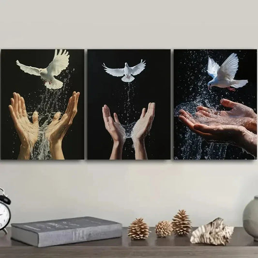 3pcs s Peace Pigeon on Hand Design Metal Print Ready to Hang Art
