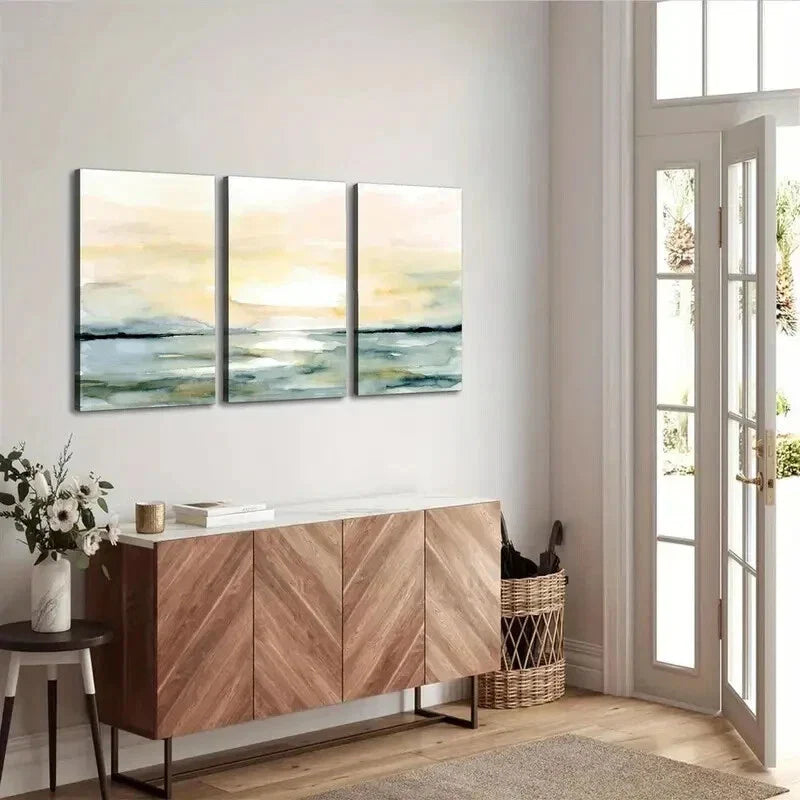 3pcs Sunrise Sunset Beach Ocean Abstract Wall Art Set Canvas Framed 40x60cm - High Quality Print 100% Australian Made Wall Canvas Ready to Hang