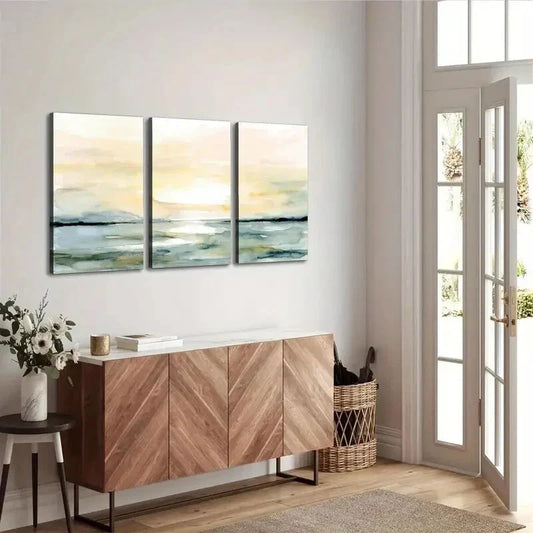 3pcs Sunrise Sunset Beach Ocean Abstract Wall Art Set Canvas Framed 40x60cm - High Quality Print 100% Australian Made Wall Canvas Ready to Hang