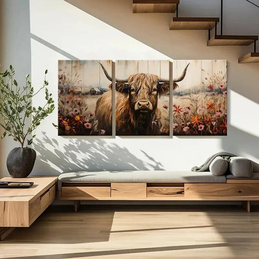 3pcs Scottish Highland Cow with Vibrant Flowers Metal Print Ready to Hang Art