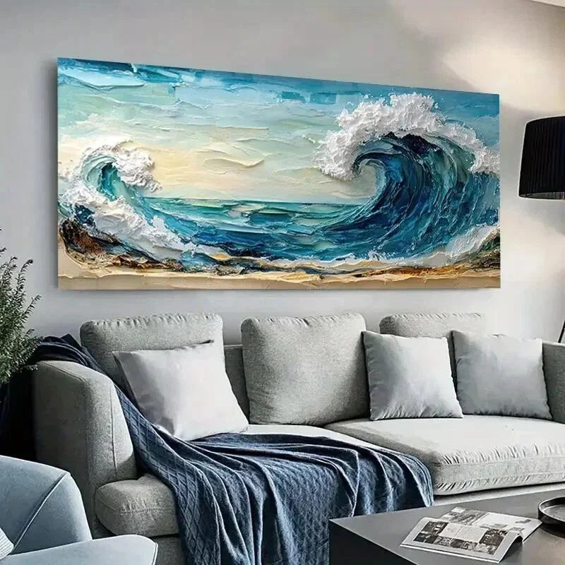 Vibrant Blue Ocean Waves wall canvas office home room framed 120x60cm