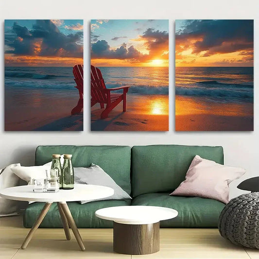 3pcs Red Adirondack Chairs & Calm Waves Metal Print Ready to Hang Art