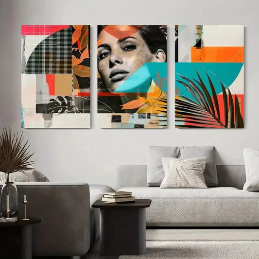 3pcs Geometric Shapes with Floral Elements Metal Print Ready to Hang Art