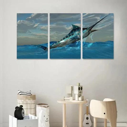 3pcs Blue Marlin Fish Bursts from Ocean Waters Metal Print Ready to Hang Art