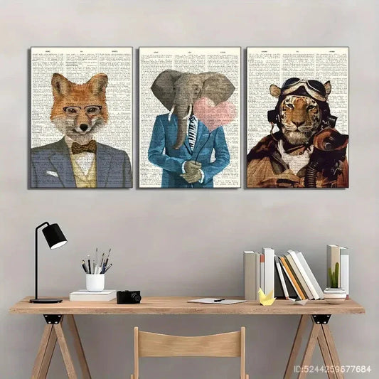 3pcs Fox, Elephant & Tiger in Love Heart Metal Print Ready to Hang Art