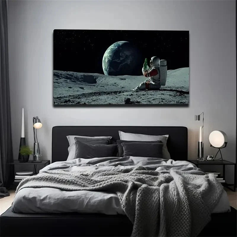 Astronaut & Earth On The Moon Wall Art Canvas Office Home Room Framed 80x45cm
