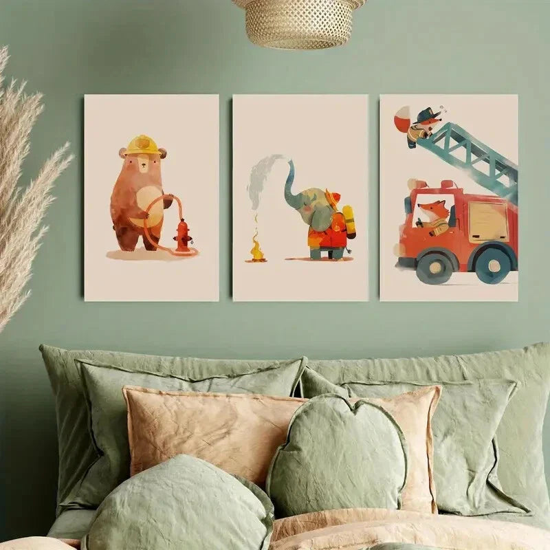 3pcs Adorable Firefighter Animal Metal Print Ready to Hang Art